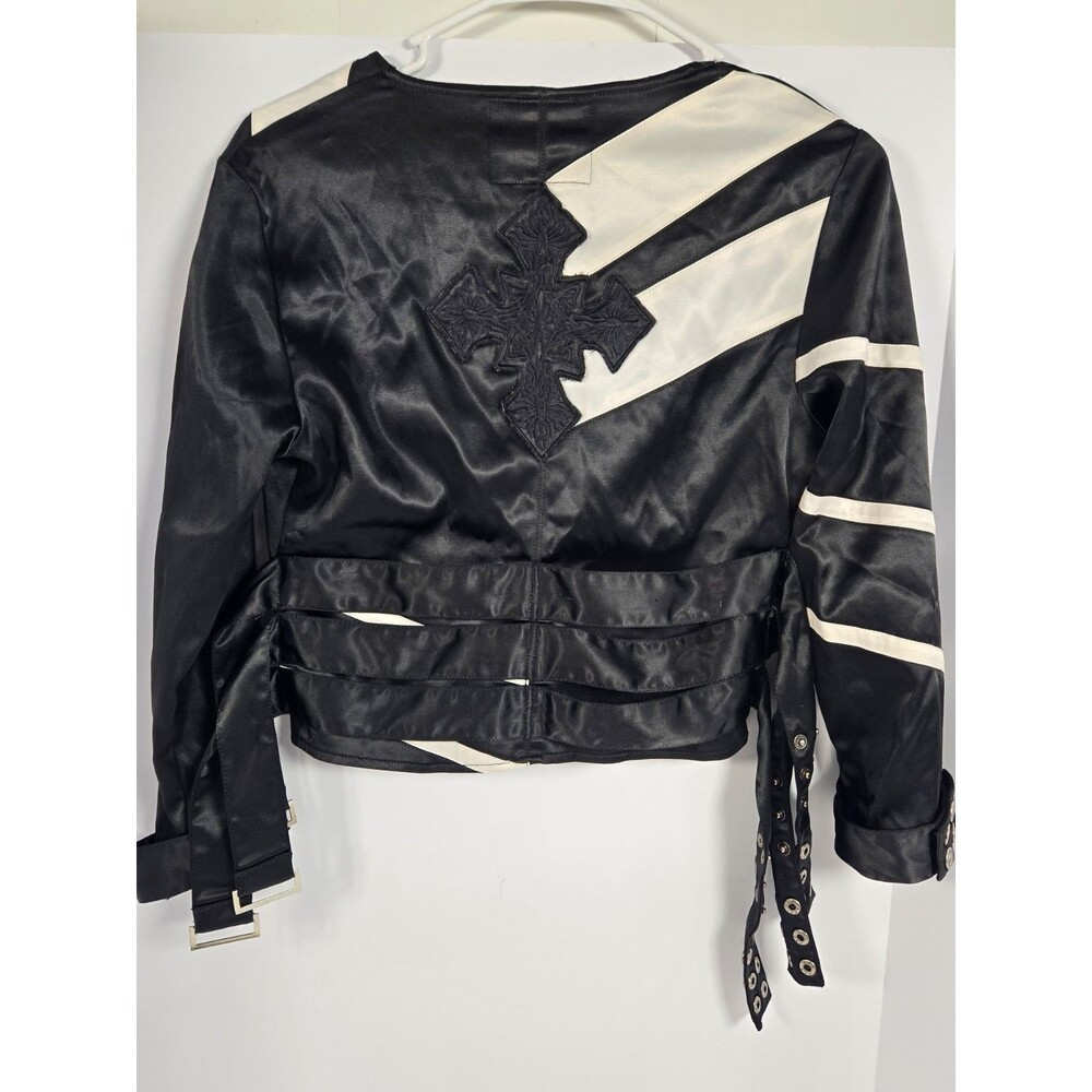 Indigo Red Black Satin Like Biker Cropped Jacket Grunge With Belt Buckles Size M - Picture 2 of 16